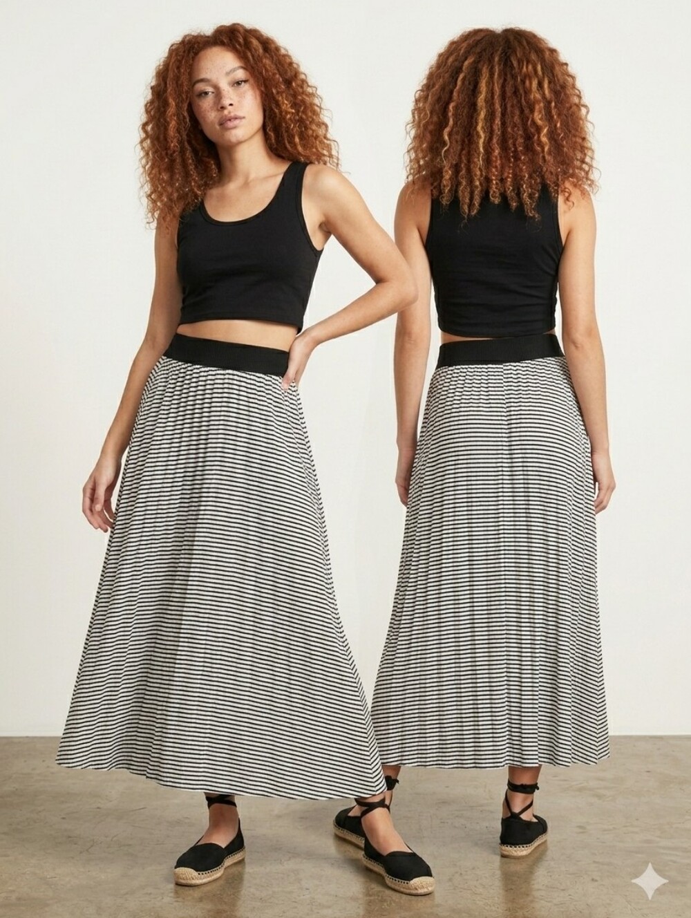Nwt KATHY COLE Striped Pleated Midi Maxi Skirt Black White Crinkled Lightweight